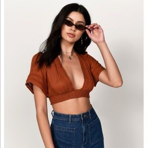 Deep V Tie-Back Crop Top in Burnt Orange